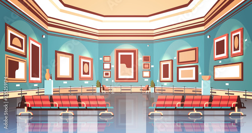 modern art gallery in museum interior creative contemporary paintings artworks or exhibits flat horizontal