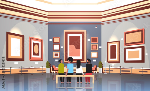 people tourists visitors in modern art gallery museum interior sitting on bench looking contemporary paintings artworks or exhibits horizontal