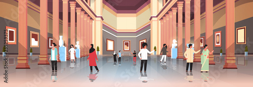 tourists visitors in classic historic museum art gallery hall with columns interior looking ancient exhibits and sculptures collection flat horizontal banner