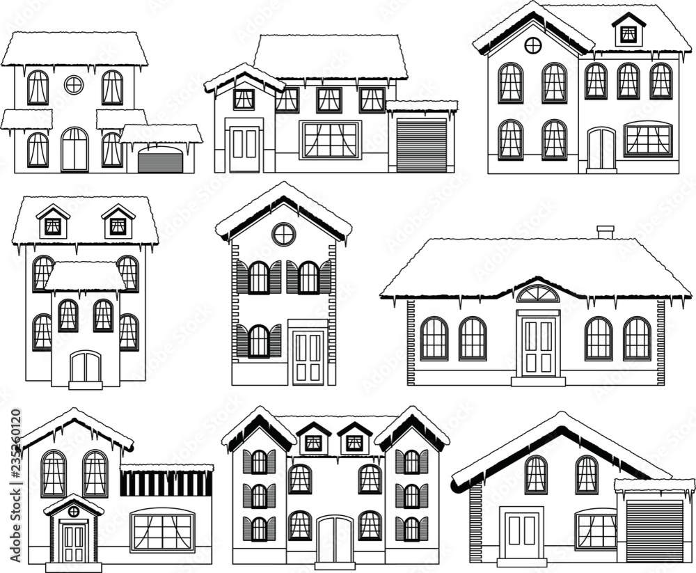 Monochrome Winter Western style house outline set