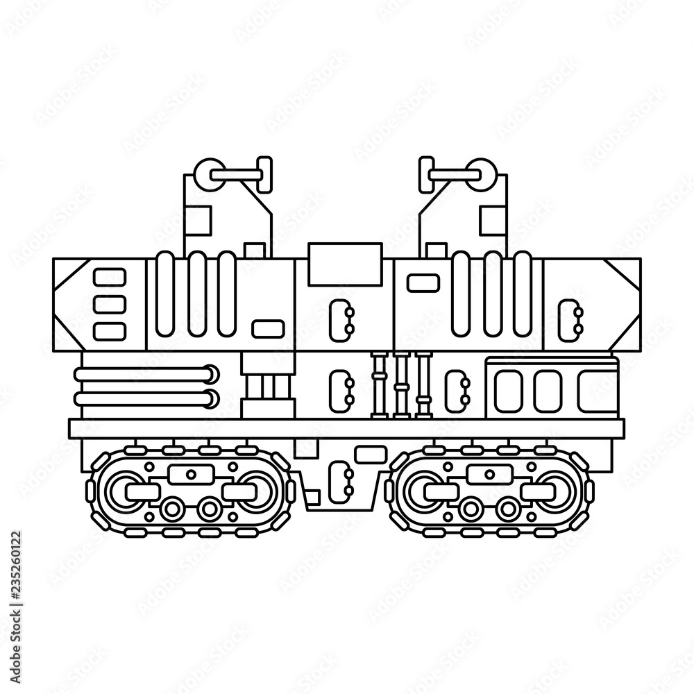 Obraz premium Line flat color vector icon elements of aerospace program tractor rocket launch platform. Cartoon style, scientific research. Spaceship technology illustration. Powerful caterpillar unit. Clipart logo