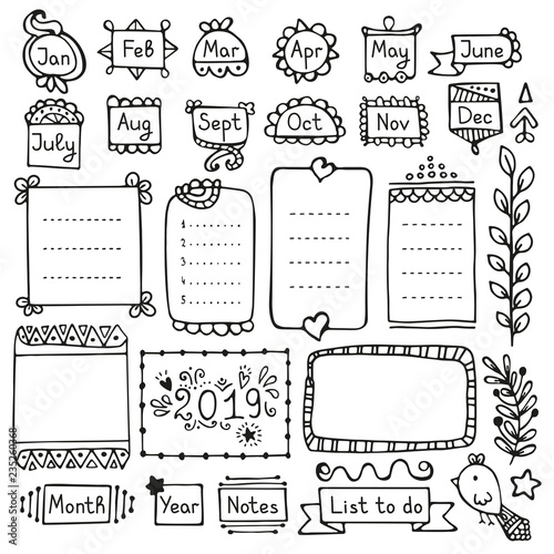 Bullet journal hand drawn vector elements for notebook, diary and planner. Doodle frames isolated on white background. 