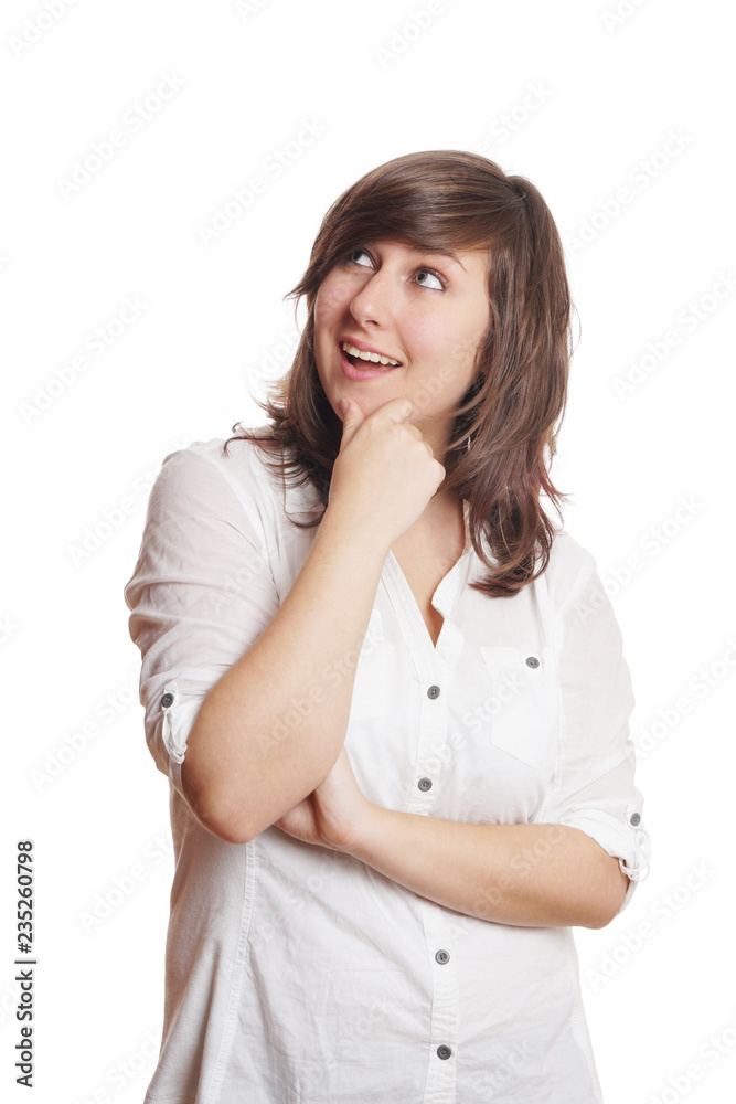 delighted young woman looking up isolated on white delighted young woman looking up isolated on white