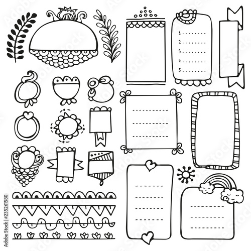 Bullet journal hand drawn vector elements for notebook, diary and planner. Doodle frames isolated on white background. 