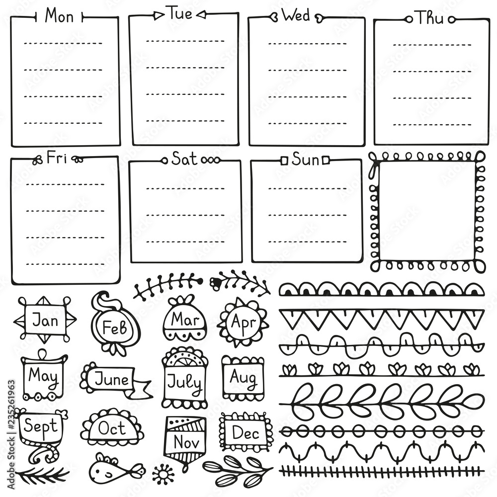 Bullet journal hand drawn vector elements for notebook, diary and planner. Doodle frames isolated on white background. Bullet journal hand drawn vector elements for notebook, diary and planner. Doodle frames isolated on white background.