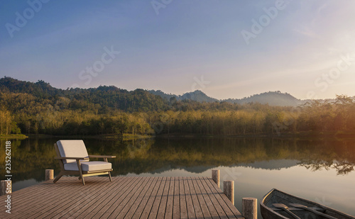 Photo The wooden pier looks out to the lake, forest and mountain view 3d render,The atmosphere in the morning