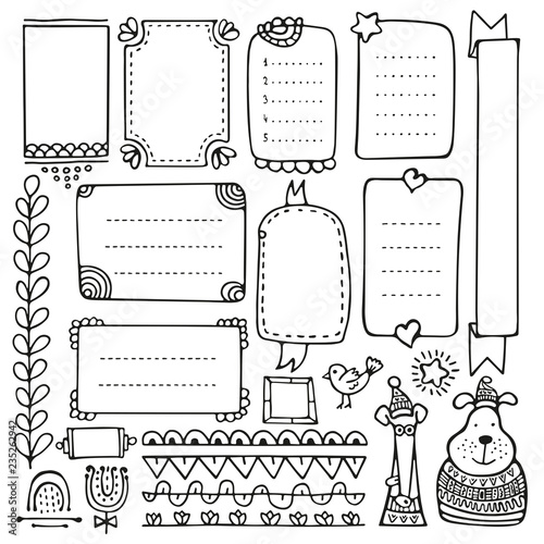 Bullet journal hand drawn vector elements for notebook, diary and planner. Doodle frames isolated on white background. 