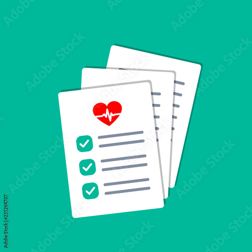 Doctor paperwork. Medical test results with heartbeat icon. Insurance forms illustration in flat style.