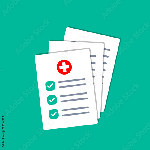 Folder with hospital documents. Doctor paperwork. Medical test results. Insurance forms illustration in flat style. © Belozersky