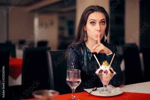 Secretive Girl with Ice Cream Dessert at a Party 