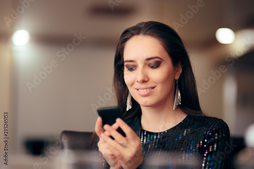 Party Woman Holding Smartphone Reading Text Messages