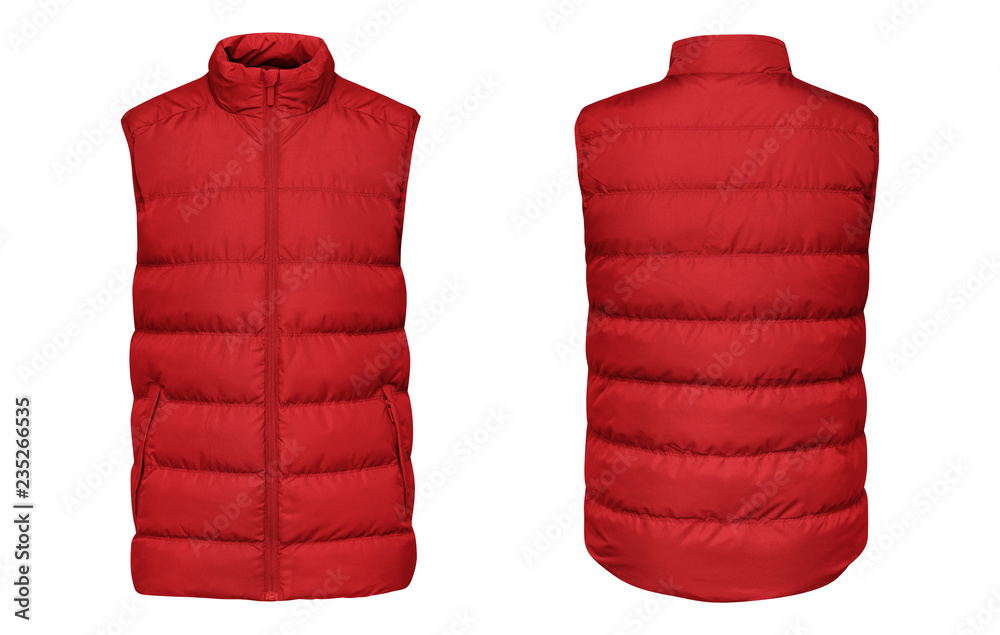 Blank template red waistcoat down jacket sleeveless with zipped, front ...