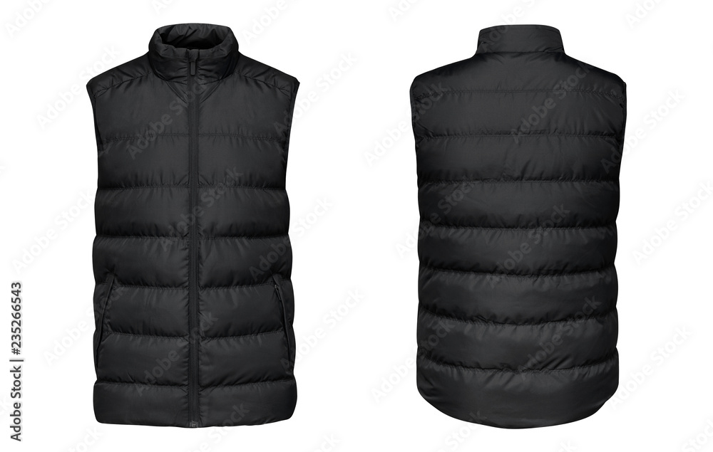 Fotografia do Stock: Blank template black waistcoat down jacket sleeveless  with zipped, front and back view isolated on white background. Mockup  winter sport vest for your design | Adobe Stock