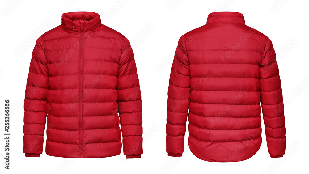 Blank template red down jacket with zipped, front and back view ...