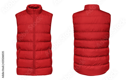 Blank template red waistcoat down jacket sleeveless with zipped, front and back view isolated on white background. Mockup winter sport vest for your design photo