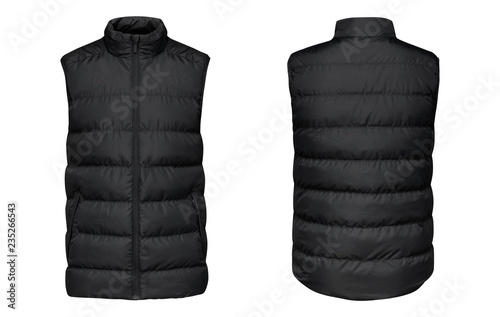 Blank template black waistcoat down jacket sleeveless with zipped, front and back view isolated on white background. Mockup winter sport vest for your design photo