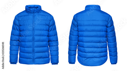 Blank template blue down jacket with zipped, front and back view isolated on white background. Mockup winter sport jacket for your design photo