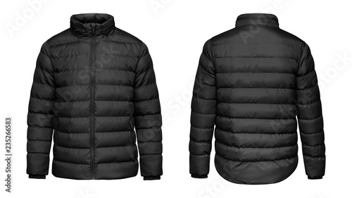 Blank template black down jacket with zipped, front and back view isolated on white background. Mockup winter sport jacket for your design
