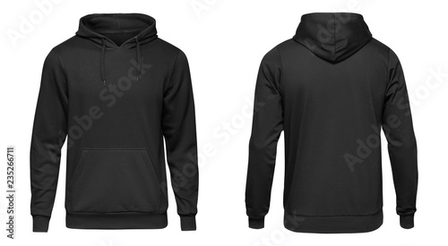 Blank black male hoodie sweatshirt long sleeve, mens hoody with hood for your design mockup for print, isolated on white background. Template sport winter clothes