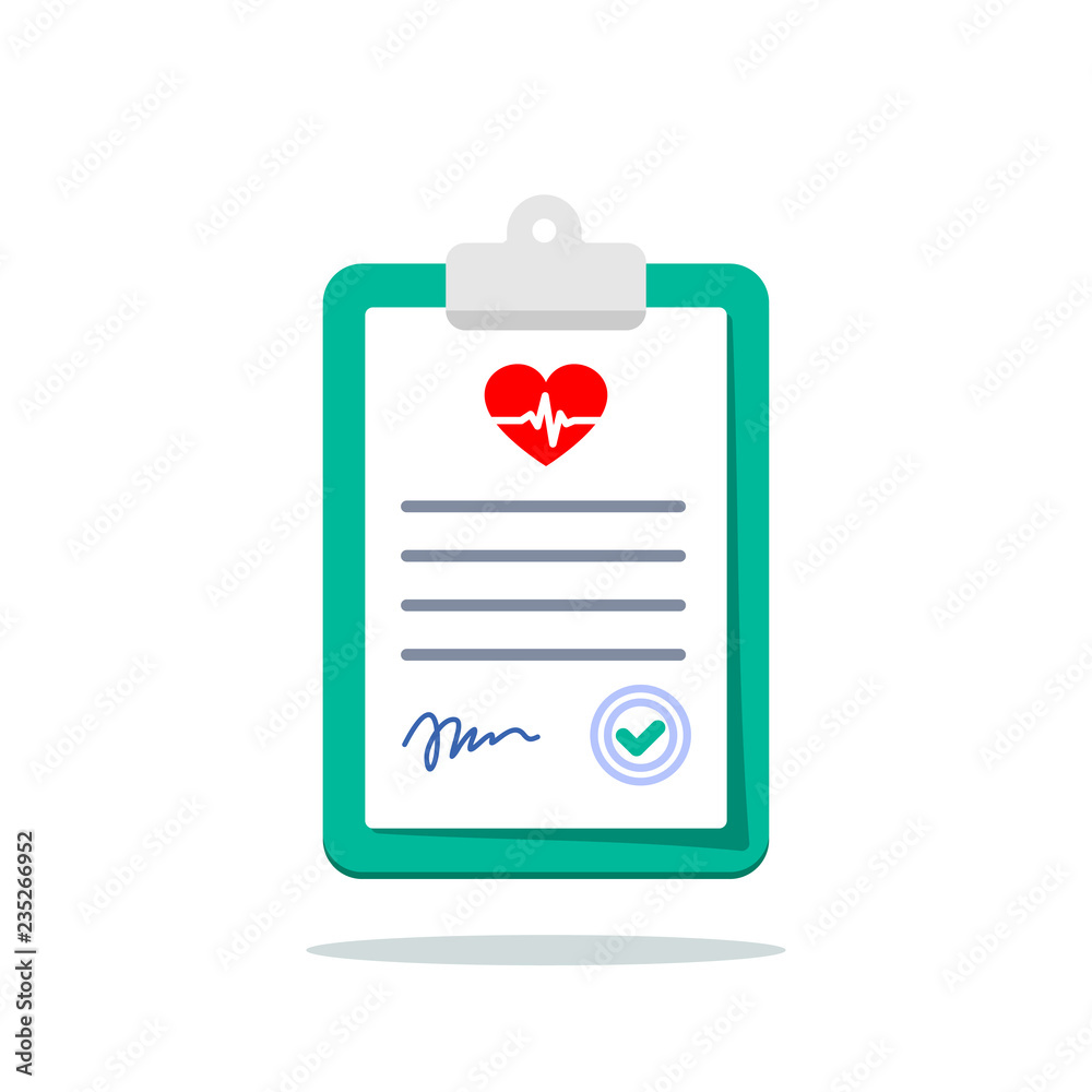 Clip board with hospital documents with heartbeat icon. Medical insurance forms. Doctor paperwork. Illustration in flat style.
