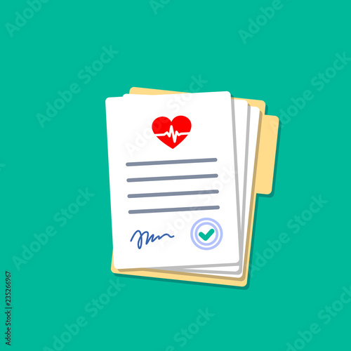 Folder with hospital documents with heartbeat icon. Doctor paperwork. Medical insurance forms in flat style.