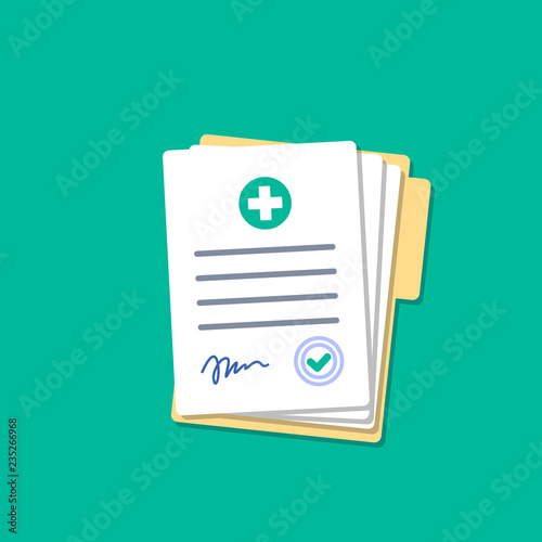Folder with hospital documents. Doctor paperwork. Medical insurance forms in flat style.