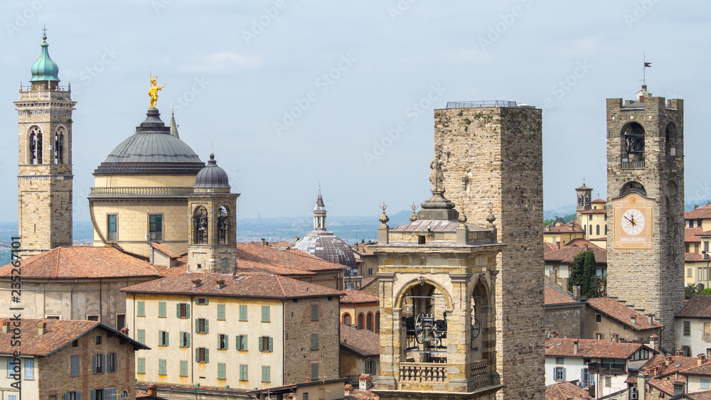 Bergamo, Italy. The old town. Landscape at the city center, the old towers and the clock towers from the ancient fortress