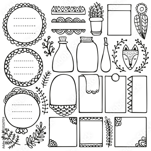 Bullet journal hand drawn vector elements for notebook, diary and planner. Doodle frames isolated on white background. 