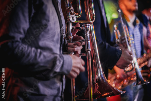 Photography trumpet in the hand of a musician