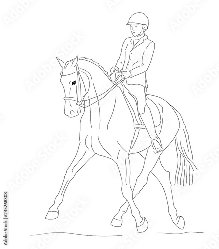 Equestrian sport. A sketch of a dressage rider on a horse executing the half pass.