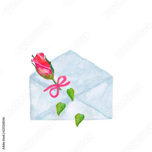 Watercolor. Composition of blue envelope and roses.
