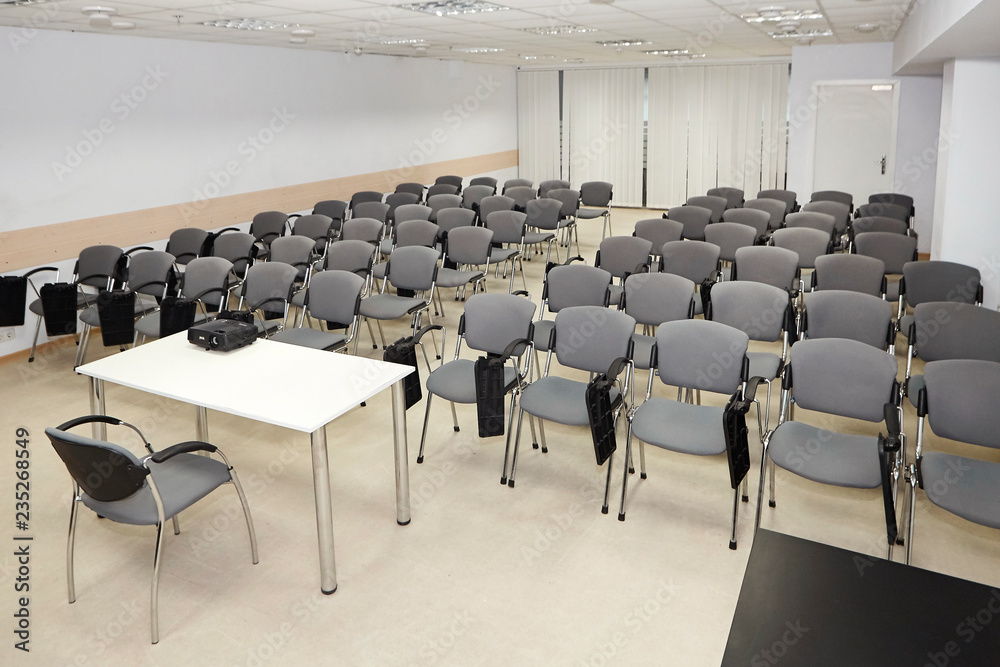 Naklejka premium Lecture Room, Row of Chairs, Business Meeting, Conference, Training Course, Office