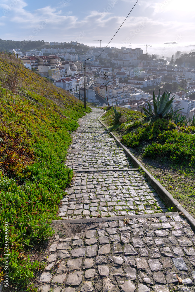 Stairs to downtown in Nazare, Portugal.