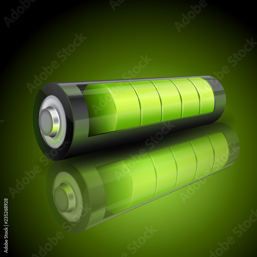 Realistic 3d green battery, charging status indicator, almost charged power supply, vector illustration