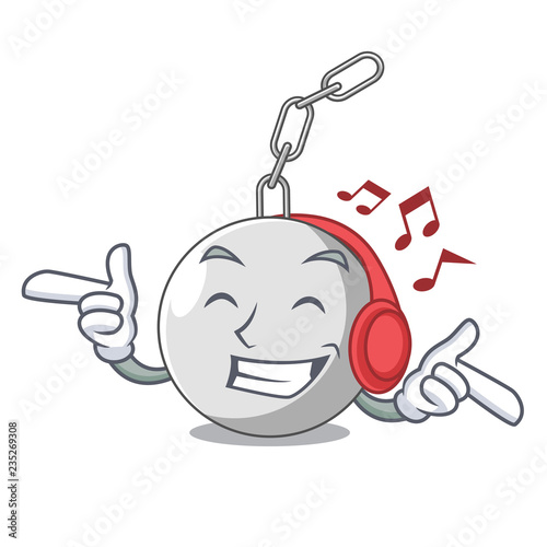 Listening music wrecking ball isolated on a mascot