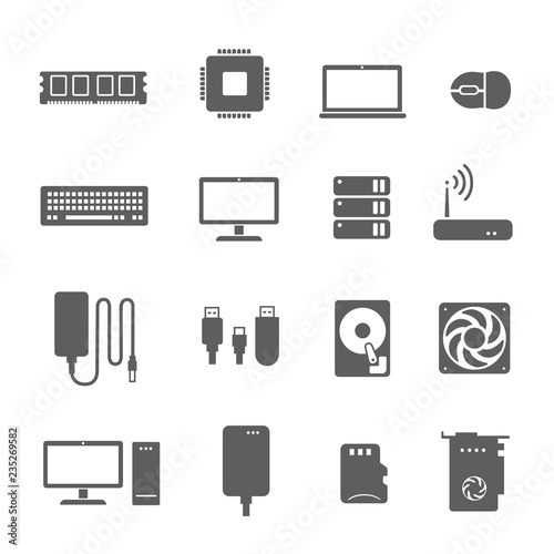 Computer components vector icons. Processor, CPU, RAM, hardware, video card, hdd