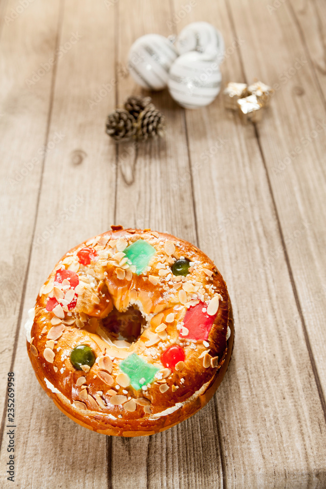 Spanish typical epiphany cake with Christmas ornaments