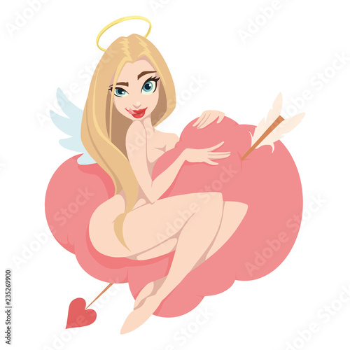 sexy angel girl on a pink cloud