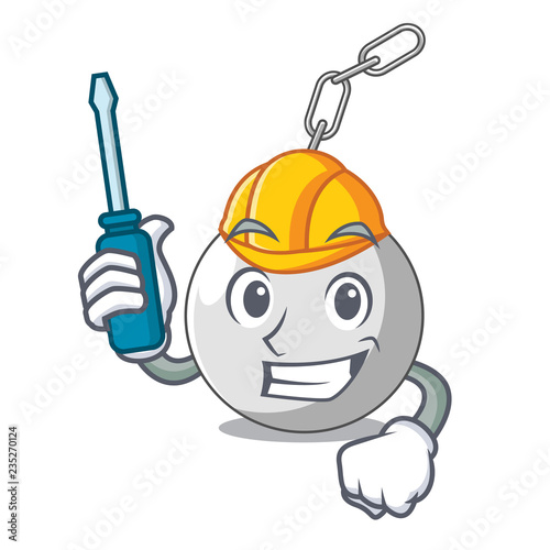 Automotive wrecking ball attached character on hitting