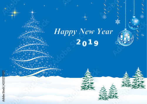 Happy New Year 2019. Christmas tree, balls with candles on the background of the winter landscape