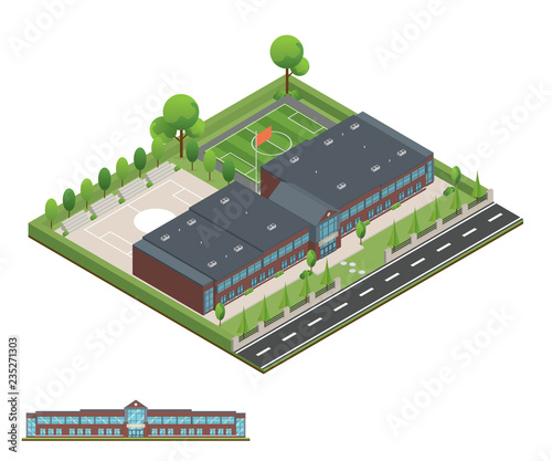 Isometric and 3D of modern office, school building and architecture design.
