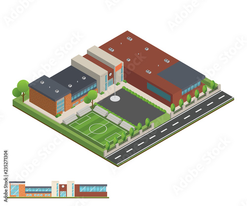 Isometric and 3D of modern office, school building and architecture design.