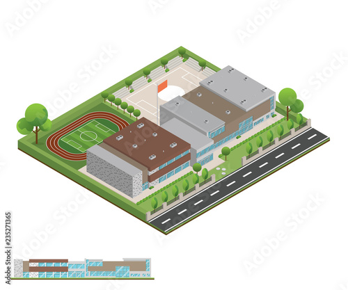 Isometric and 3D of modern office, school building and architecture design.