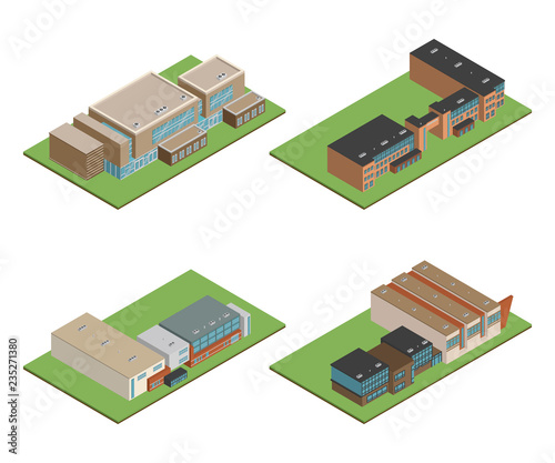 Isometric and 3D of modern office, school building and architecture design.
