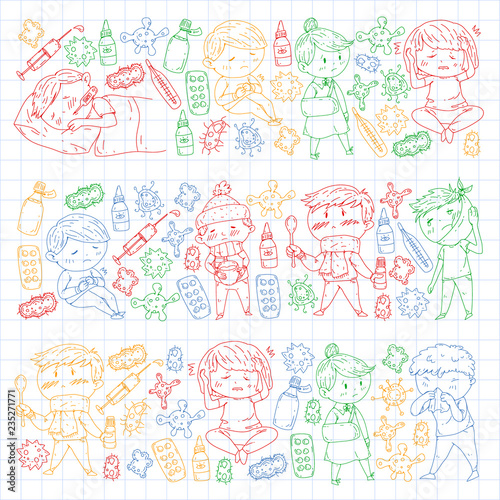 Children medical center. Healthcare illustration. Doodle icons with small kids, infection, fever, cold, virus, illness.