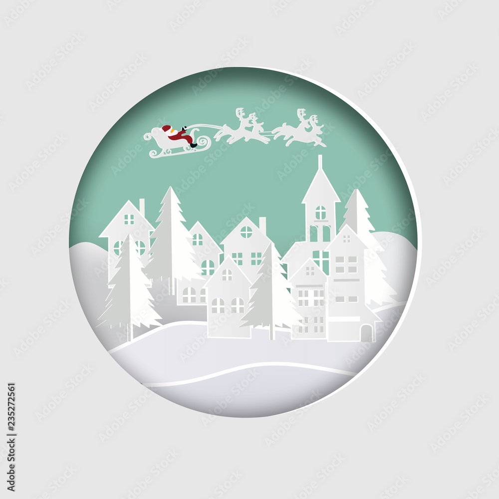 Merry Christmas and Happy New Year. Illustration of Santa Claus on the sky coming to City ,paper art and craft style
