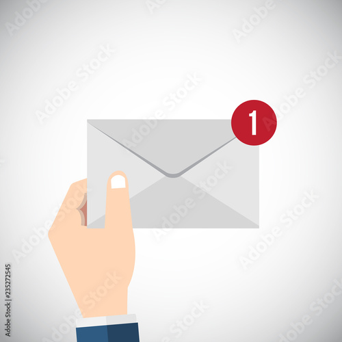 Hand with letter envelope, email message, mail delivery. Flat style vector illustration.