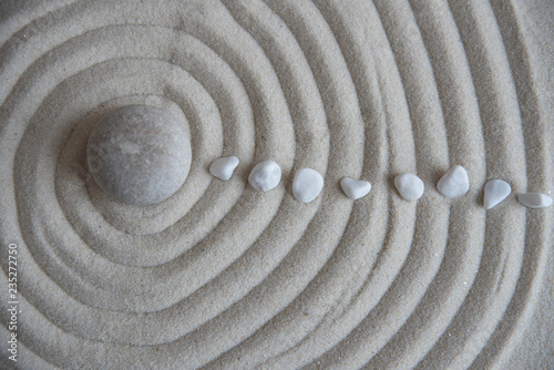 Canvas Print Gray zen stones on the sand with wave drawings