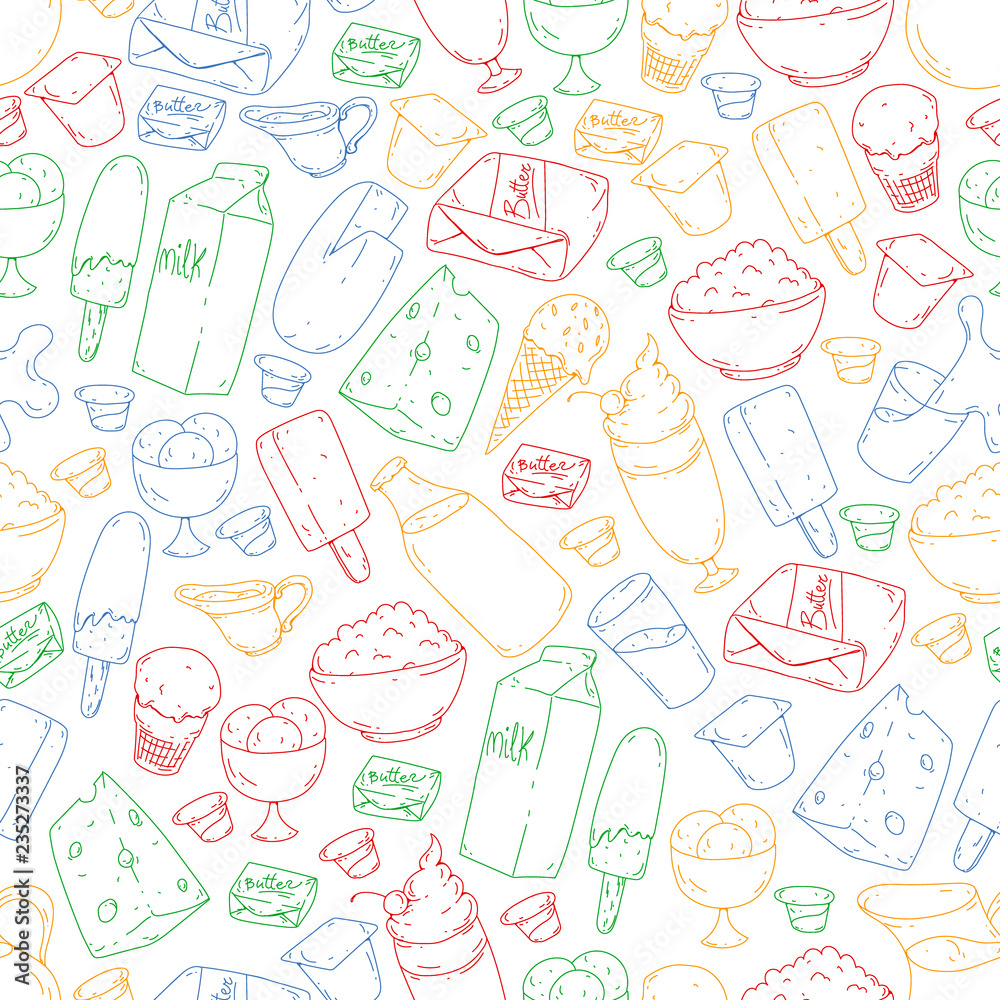 Dairy products. Doodle icons. Diet, breakfast. Milk, yogurt, cheese, ice cream, butter. Eat fresh healthy food and be happy.