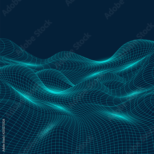 3D Abstract Virtual Landscape, Cyberspace Grid, Network - Technology Background, Vector Illustration